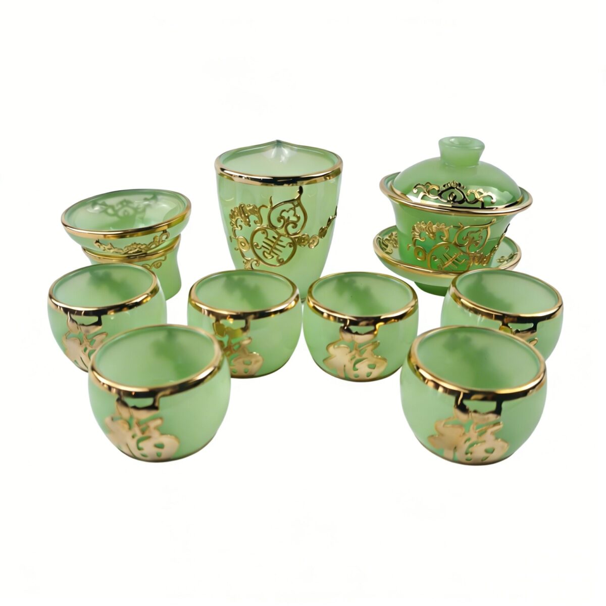 Gold-Inlaid Jade Style Liuli Glass "Complete Fu Lu Shou" Kung Fu Tea Set