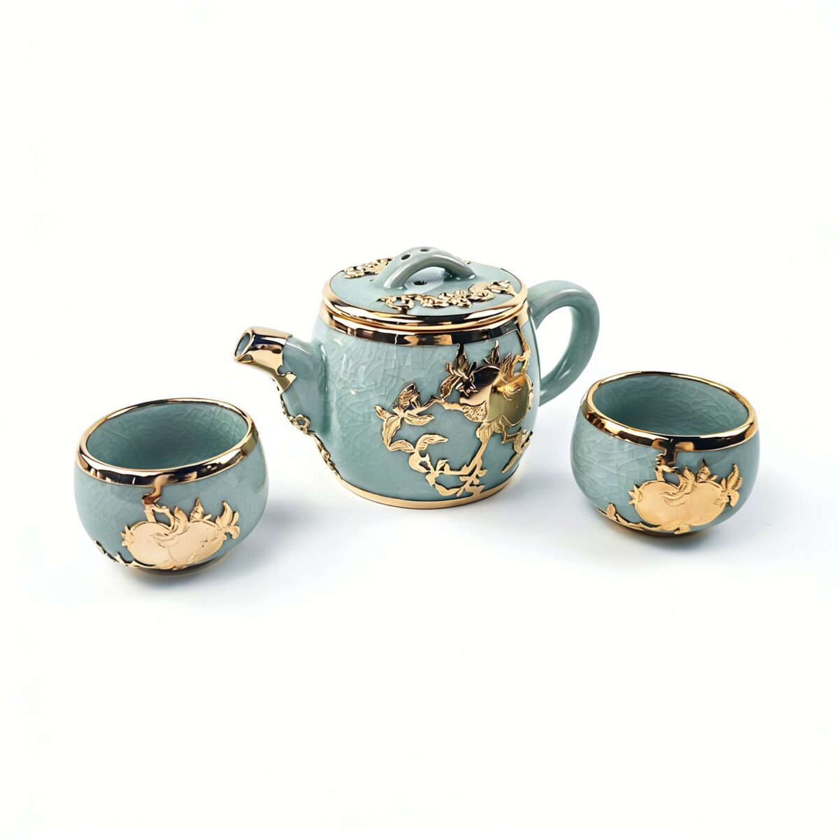 Gold-Inlaid Jade Style Ru Porcelain "A Blessed and Fruitful Family "Tea Set - Image 2