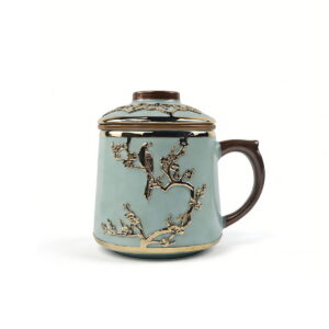 Gold-Inlaid Jade Style Ru Porcelain "Five Blessings of Plum Blossom" Personal Tea Cup