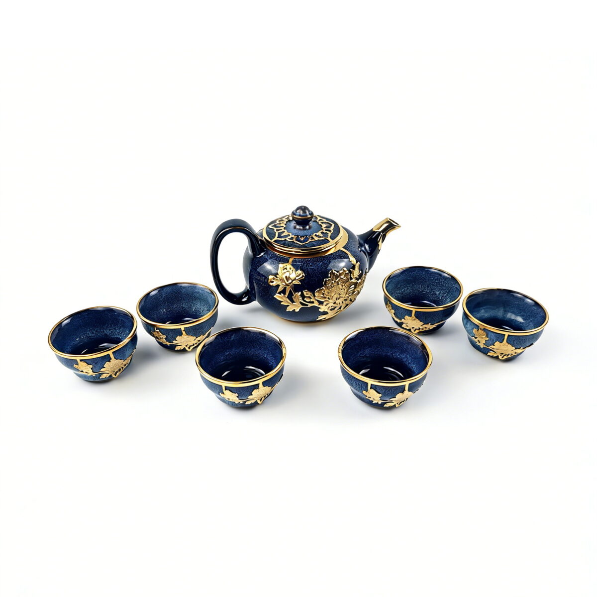 Gold-Inlaid Jade Style Jun Porcelain "National Beauty & Heavenly Fragrance" Tea Set