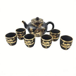 Gold-Inlaid Jade Style Zisha Purple Clay “Auspicious Lotus & Dragonfly”Tea Set