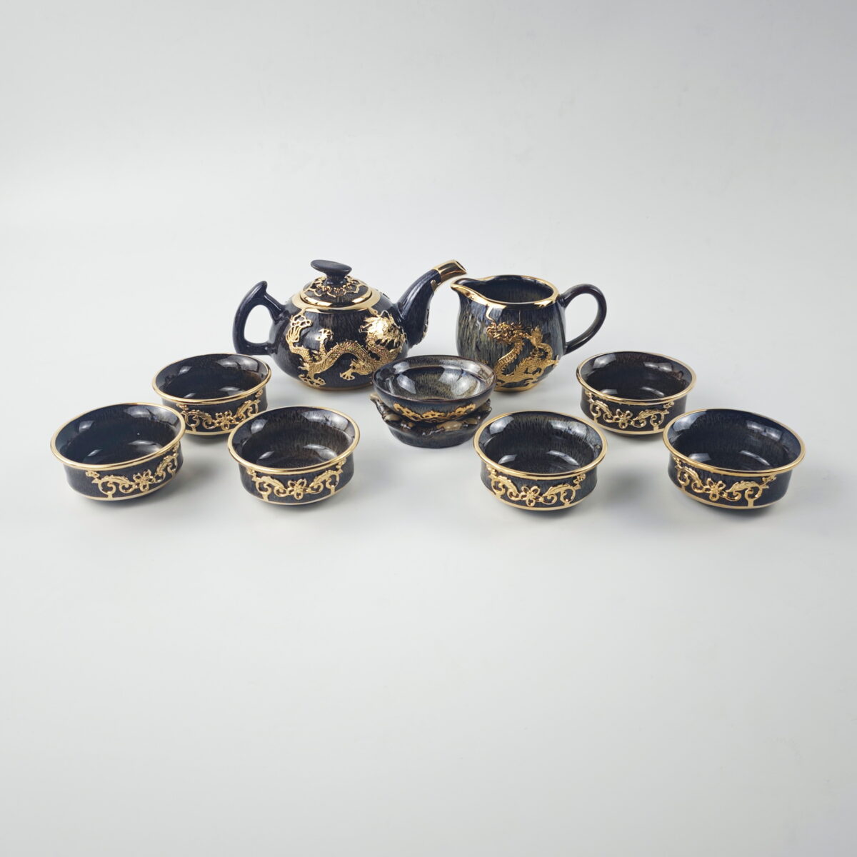Gold-Inlaid Jade Style Jun Porcelain "Dragon Soaring for Prosperity" Kung Fu Tea Set