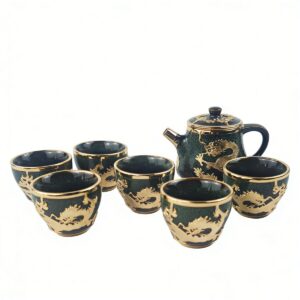 Gold-Inlaid Jade Style Jun Porcelain "Dragon Motif & Gilded Koi" Tea Set