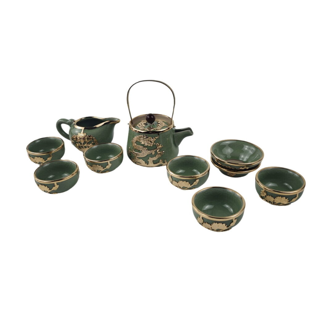 Gold-Inlaid Jade Style Ru Porcelain“Auspicious Dragon & Lotus Charm”Kung Fu Tea Set