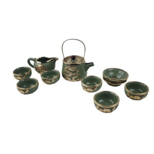 Gold-Inlaid Jade Style Ru Porcelain“Auspicious Dragon & Lotus Charm”Kung Fu Tea Set