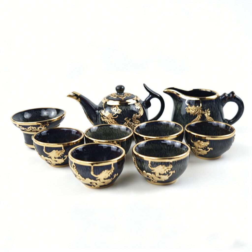Gold-Inlaid Jade Style Jun Porcelain "Dragon Soaring Across the Four Seas" Kung Fu Tea Set