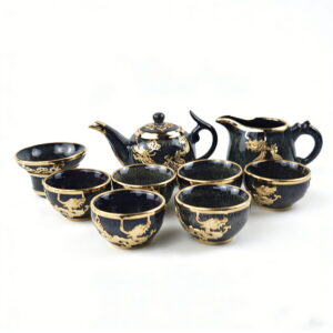 Gold-Inlaid Jade Style Jun Porcelain "Dragon Soaring Across the Four Seas" Kung Fu Tea Set