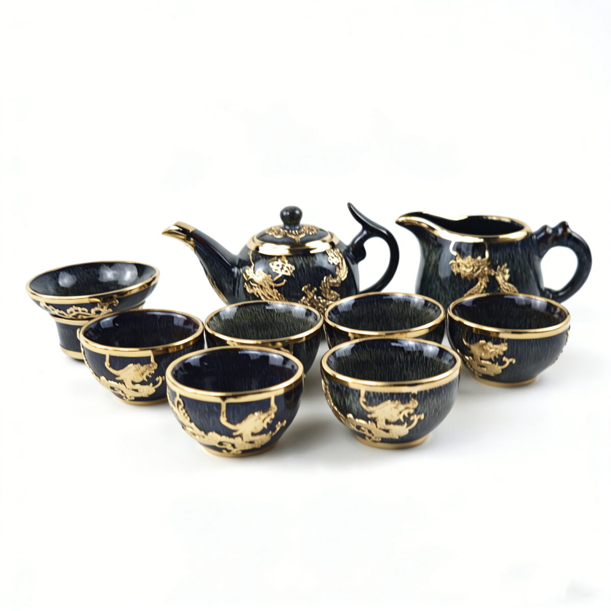 Gold-Inlaid Jade Style Jun Porcelain "Dragon Soaring Across the Four Seas" Kung Fu Tea Set