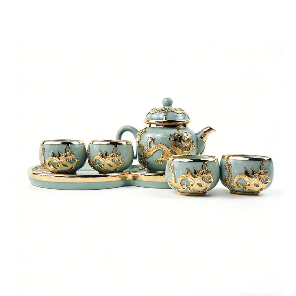 Gold-Inlaid Jade Style Ru Porcelain "Dragon Blesses Fortune & Blessing" Kung Fu Tea Set