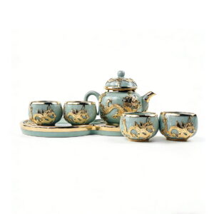 Gold-Inlaid Jade Style Ru Porcelain "Dragon Blesses Fortune & Blessing" Kung Fu Tea Set