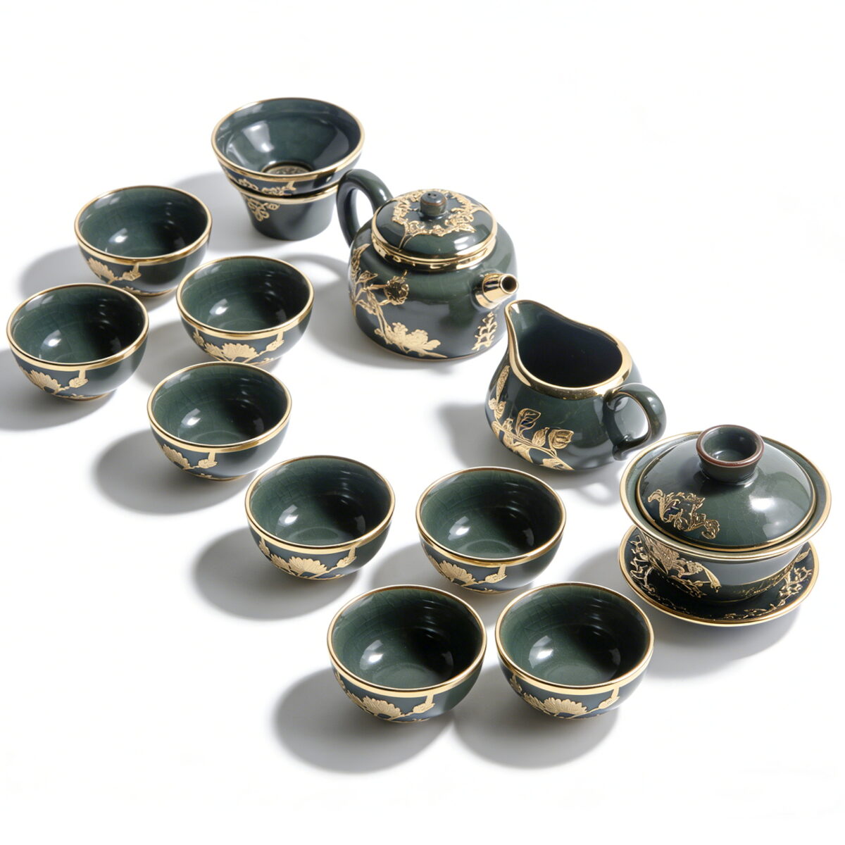 Gold-Inlaid Jade Style Jun Porcelain “Midnight Lotus Bloom” Complete Kung Fu Tea Gift Set - Image 5
