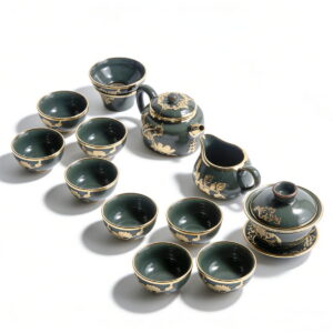 Gold-Inlaid Jade Style Jun Porcelain “Midnight Lotus Bloom” Complete Kung Fu Tea Gift Set