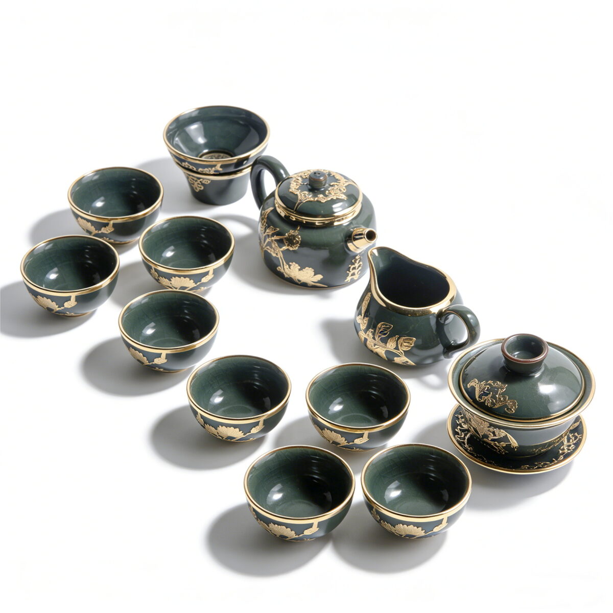 Gold-Inlaid Jade Style Jun Porcelain “Midnight Lotus Bloom” Complete Kung Fu Tea Gift Set