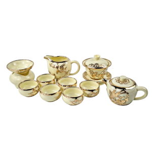 Gold-inlaid Jade Style Suet Jade Porcelain “Magpie & Plum Greeting Spring”Complete Kung Fu Tea Gift Set