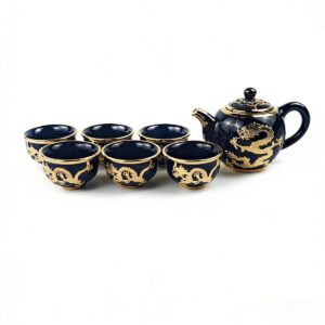 Gold-Inlaid Jade Style Jun Porcelain "Azure Dragon of Good Fortune" Tea Set
