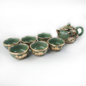 Gold-Inlaid Jade Style Ru Porcelain“Celadon & Gold Lotus Charm”Tea Set
