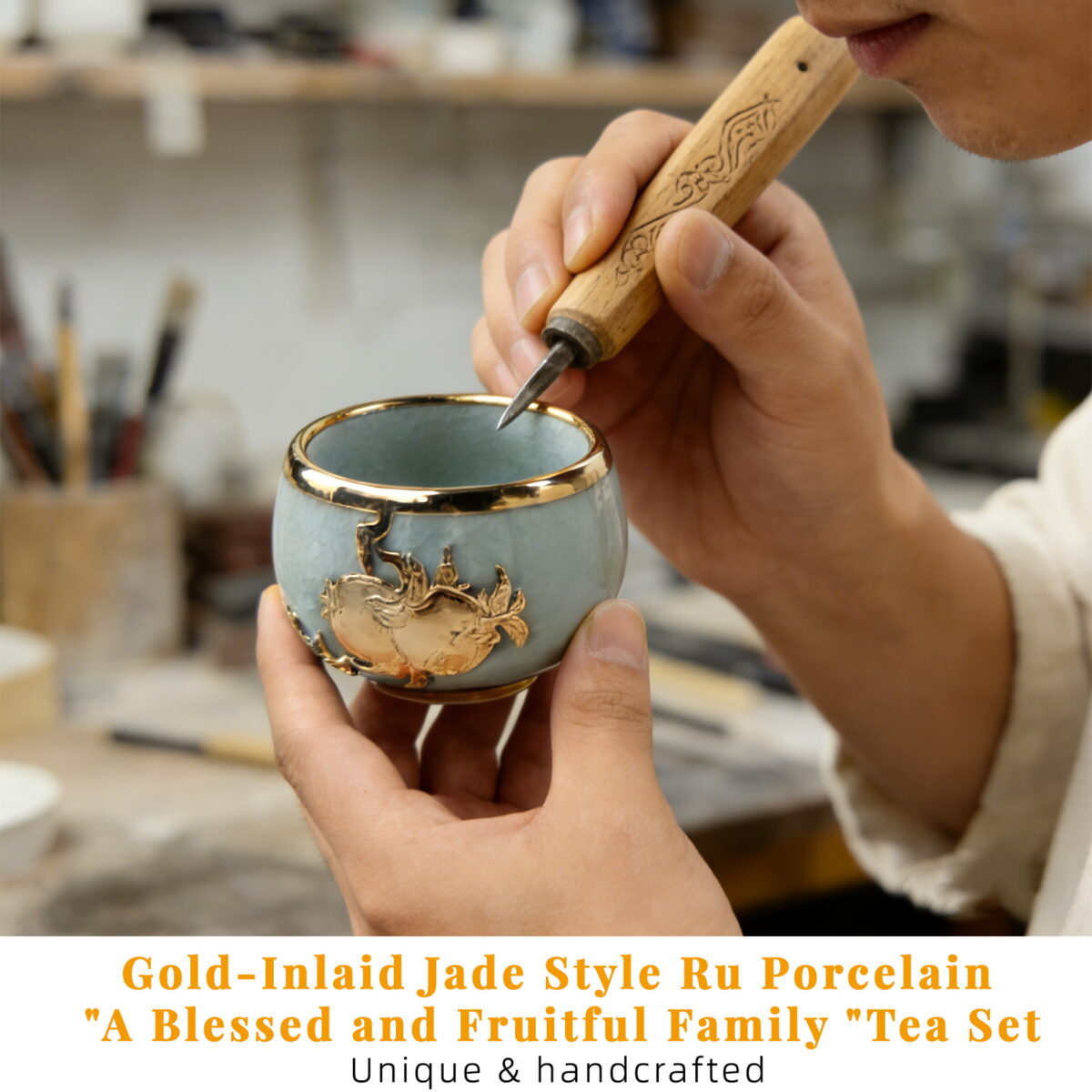 Gold-Inlaid Jade Style Ru Porcelain "A Blessed and Fruitful Family "Tea Set - Image 3