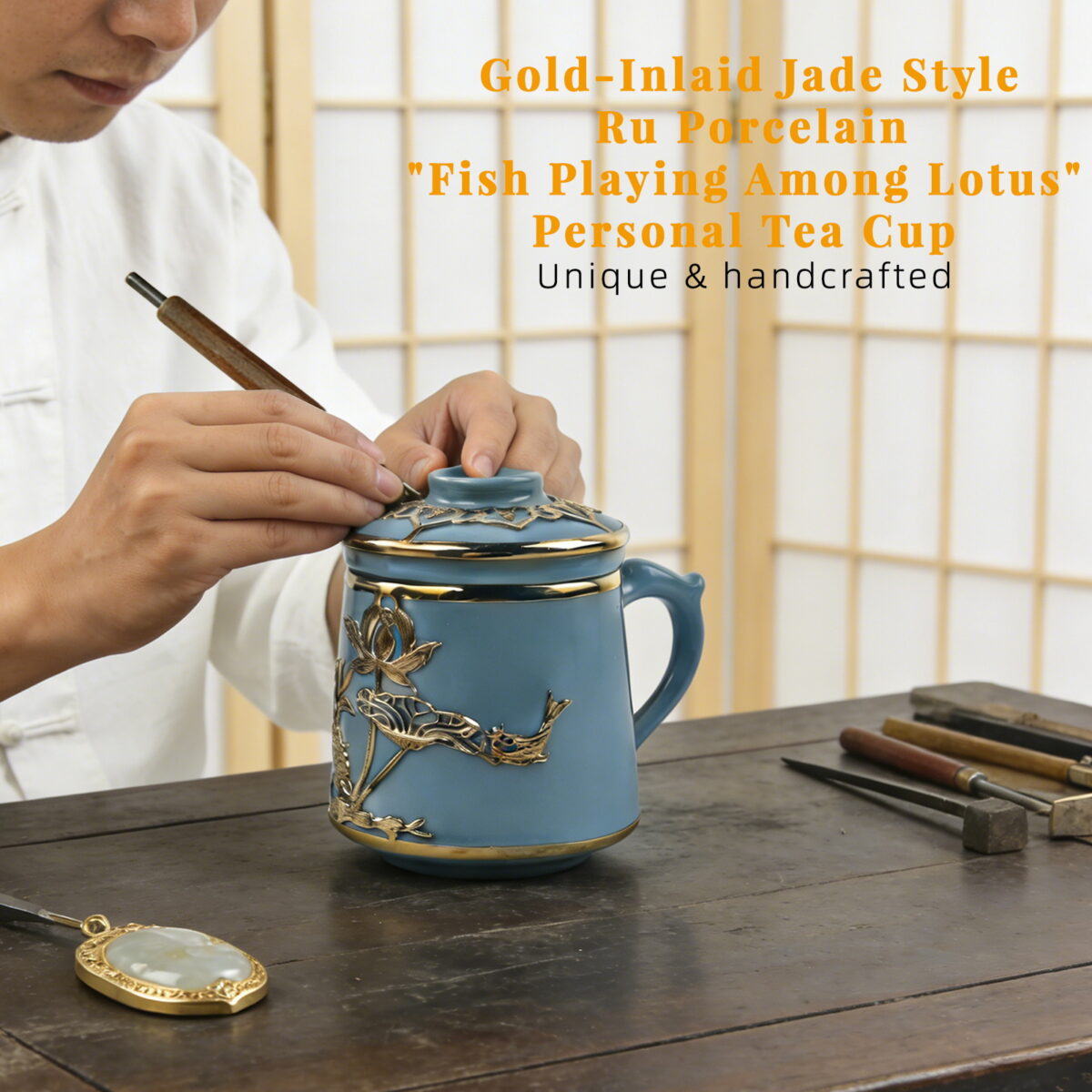 Gold-Inlaid Jade Style Ru Porcelain "Fish Playing Among Lotus" Personal Tea Cup - Image 3