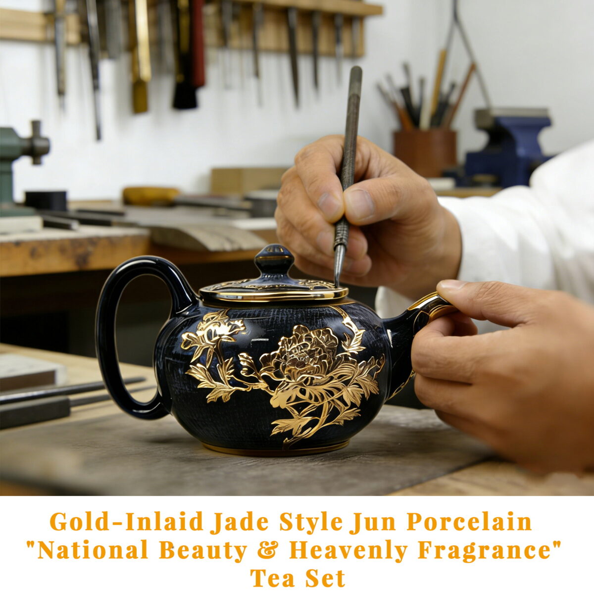 Gold-Inlaid Jade Style Jun Porcelain "National Beauty & Heavenly Fragrance" Tea Set - Image 5