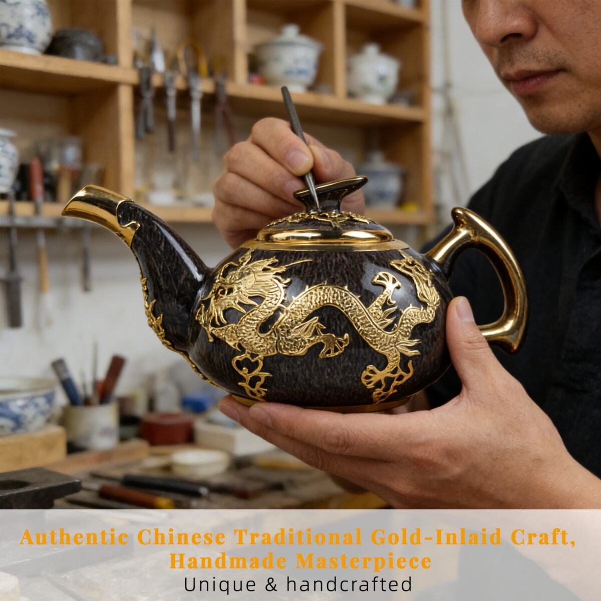 Gold-Inlaid Jade Style Jun Porcelain "Dragon Soaring for Prosperity" Kung Fu Tea Set - Image 3