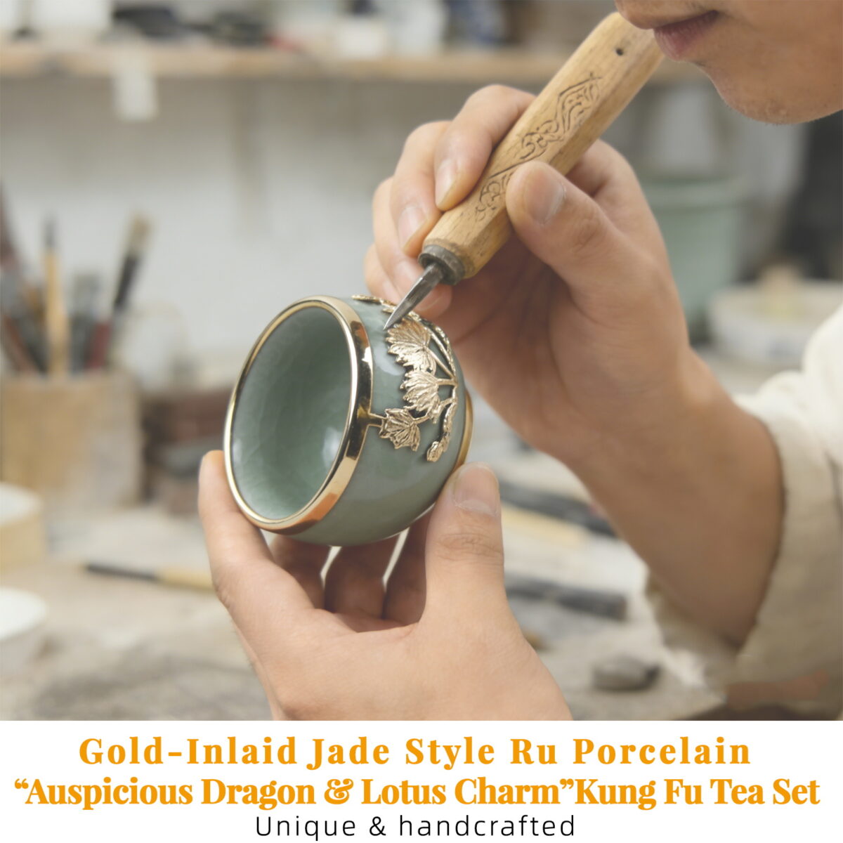 Gold-Inlaid Jade Style Ru Porcelain“Auspicious Dragon & Lotus Charm”Kung Fu Tea Set - Image 5