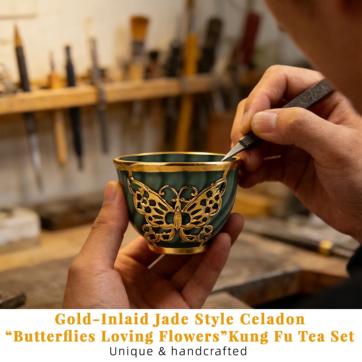 Gold-Inlaid Jade Style Celadon“Butterflies Loving Flowers”Kung Fu Tea Set - Image 3