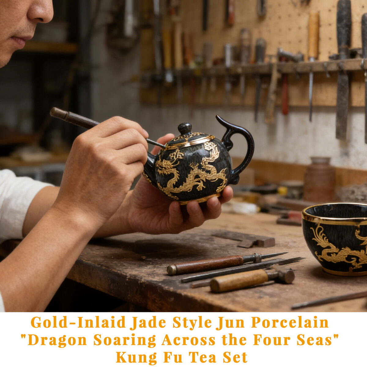 Gold-Inlaid Jade Style Jun Porcelain "Dragon Soaring Across the Four Seas" Kung Fu Tea Set - Image 4