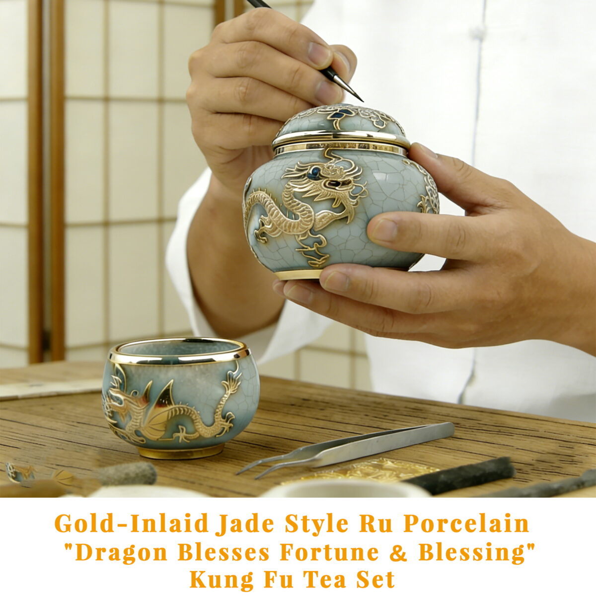 Gold-Inlaid Jade Style Ru Porcelain "Dragon Blesses Fortune & Blessing" Kung Fu Tea Set - Image 6