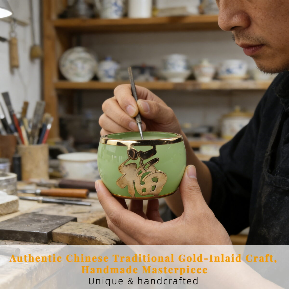 Gold-Inlaid Jade Style Liuli Glass "Complete Fu Lu Shou" Kung Fu Tea Set - Image 4