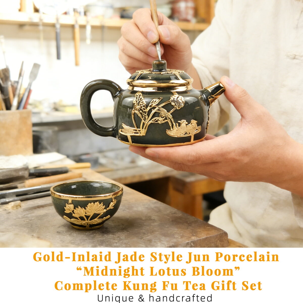 Gold-Inlaid Jade Style Jun Porcelain “Midnight Lotus Bloom” Complete Kung Fu Tea Gift Set - Image 4