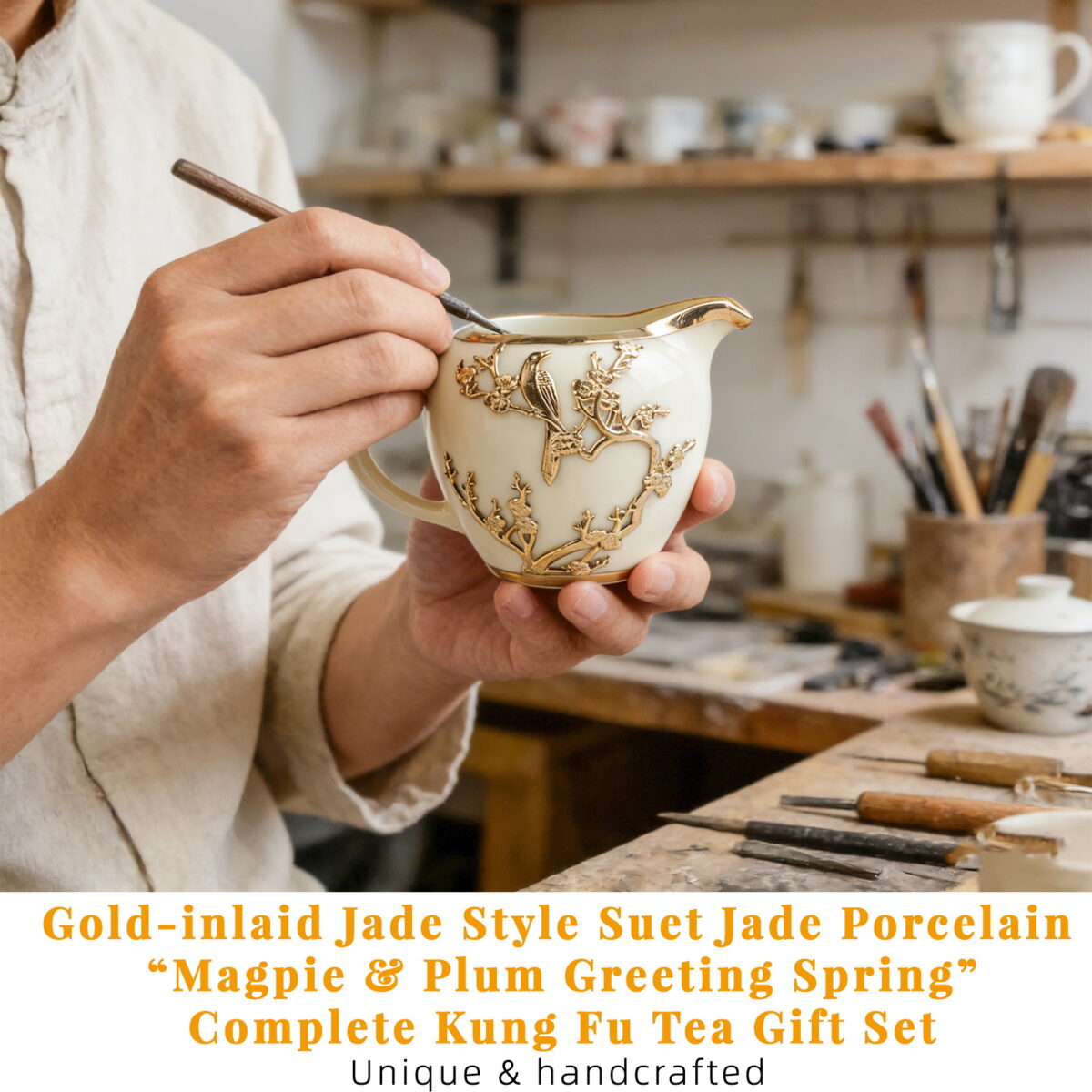 Gold-inlaid Jade Style Suet Jade Porcelain “Magpie & Plum Greeting Spring”Complete Kung Fu Tea Gift Set - Image 8