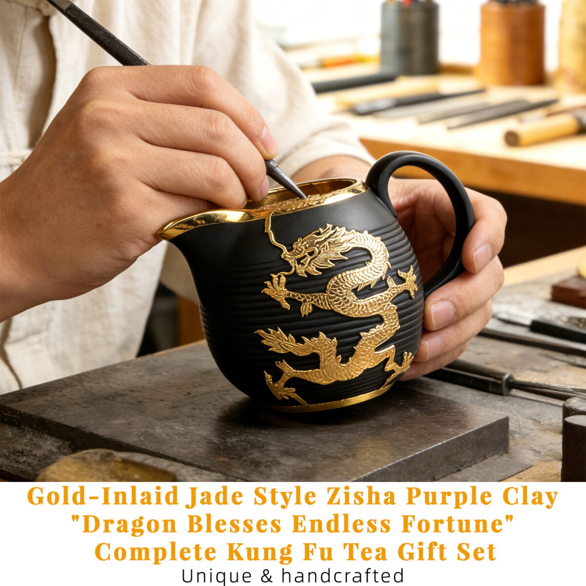 Gold-Inlaid Jade Style Zisha Purple Clay "Dragon Blesses Endless Fortune" Complete Kung Fu Tea Gift Set - Image 4