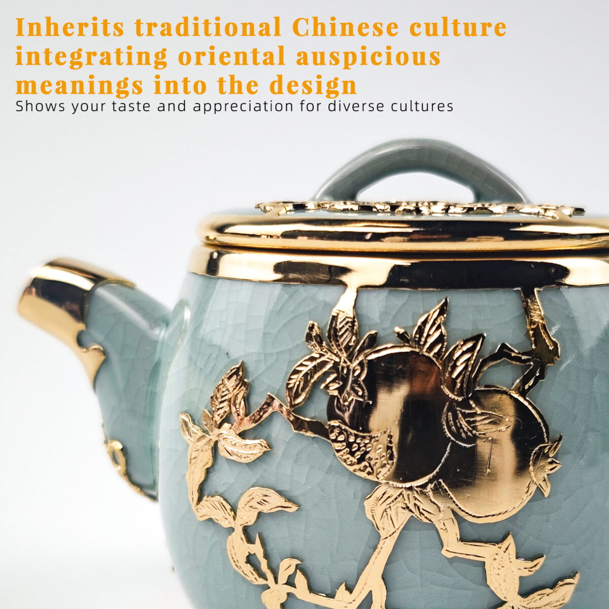 Gold-Inlaid Jade Style Ru Porcelain "A Blessed and Fruitful Family "Tea Set - Image 4