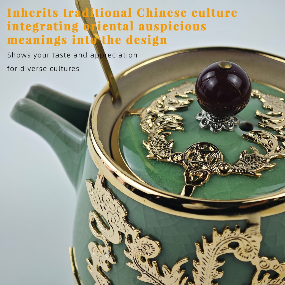 Gold-Inlaid Jade Style Ru Porcelain“Auspicious Dragon & Lotus Charm”Kung Fu Tea Set - Image 3