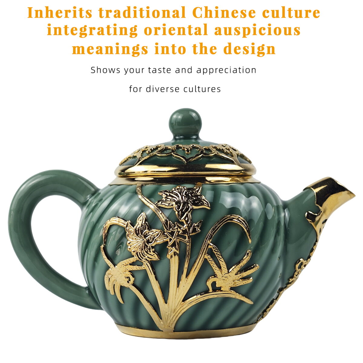 Gold-Inlaid Jade Style Celadon“Butterflies Loving Flowers”Kung Fu Tea Set - Image 2