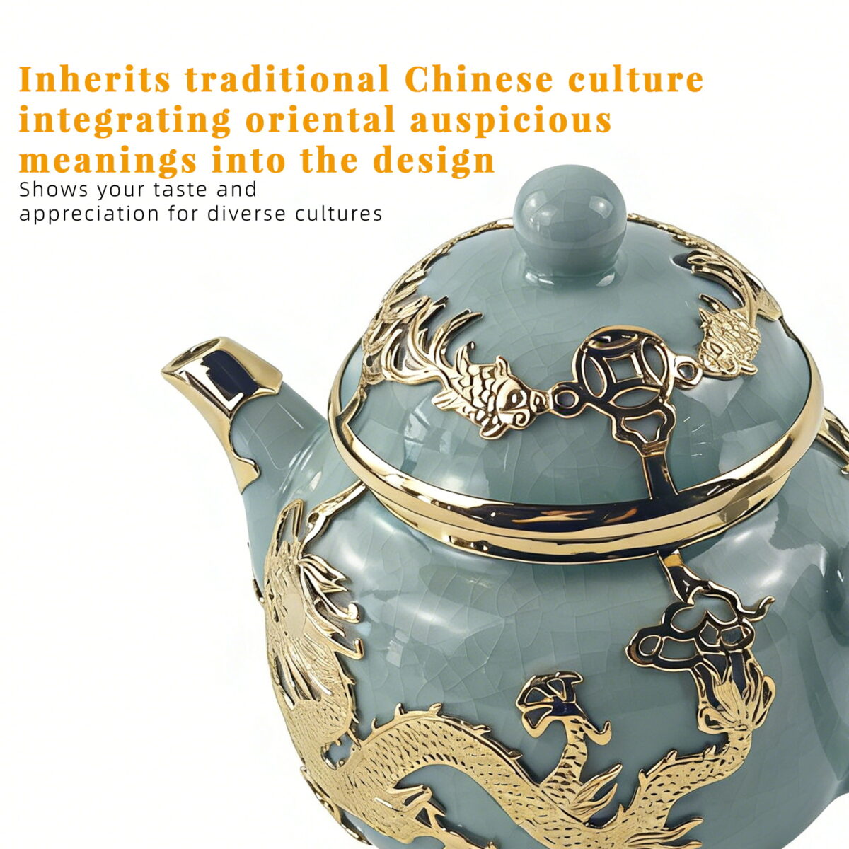 Gold-Inlaid Jade Style Ru Porcelain "Dragon Blesses Fortune & Blessing" Kung Fu Tea Set - Image 5