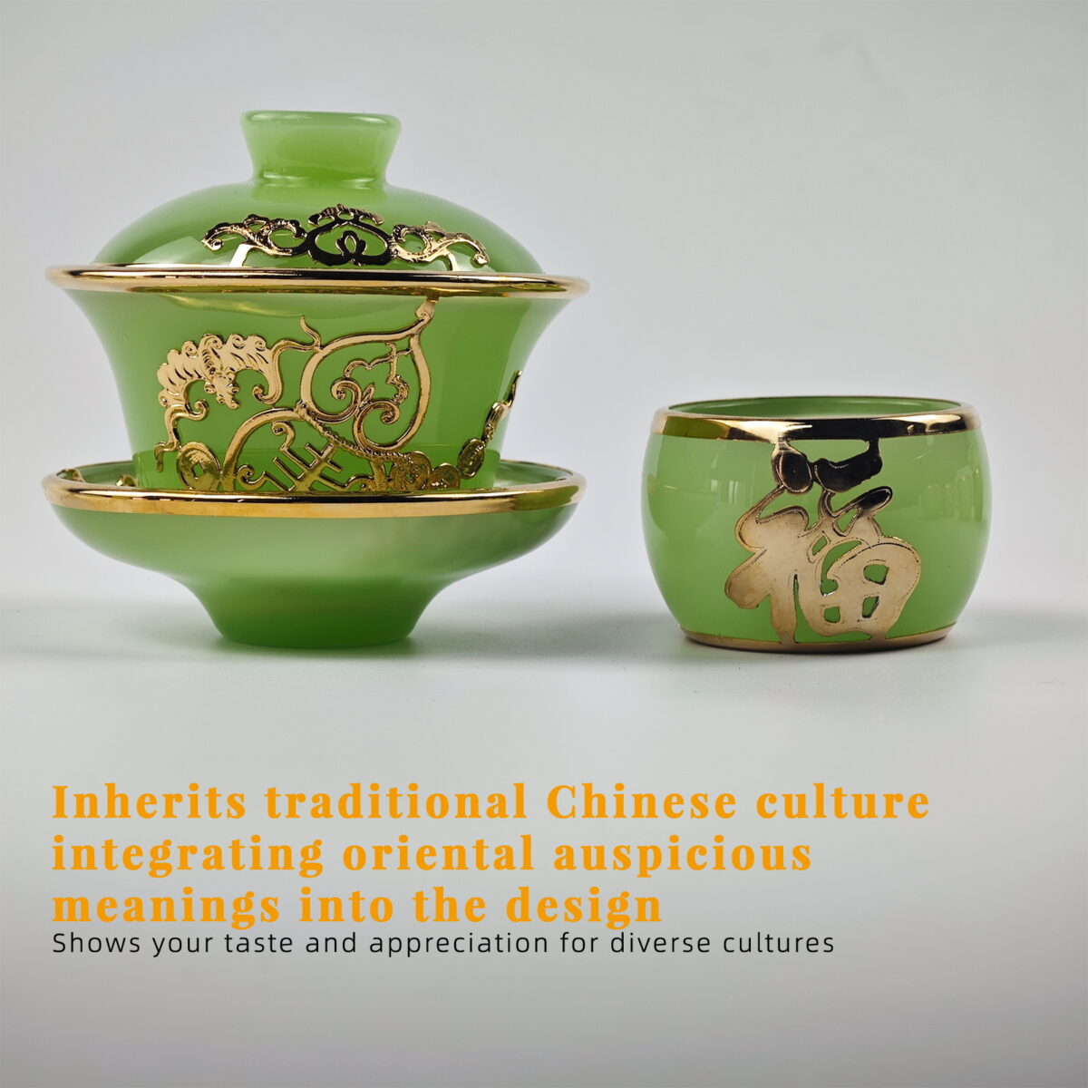 Gold-Inlaid Jade Style Liuli Glass "Complete Fu Lu Shou" Kung Fu Tea Set - Image 6