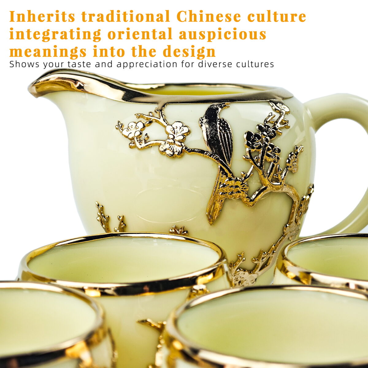Gold-inlaid Jade Style Suet Jade Porcelain “Magpie & Plum Greeting Spring”Complete Kung Fu Tea Gift Set - Image 5