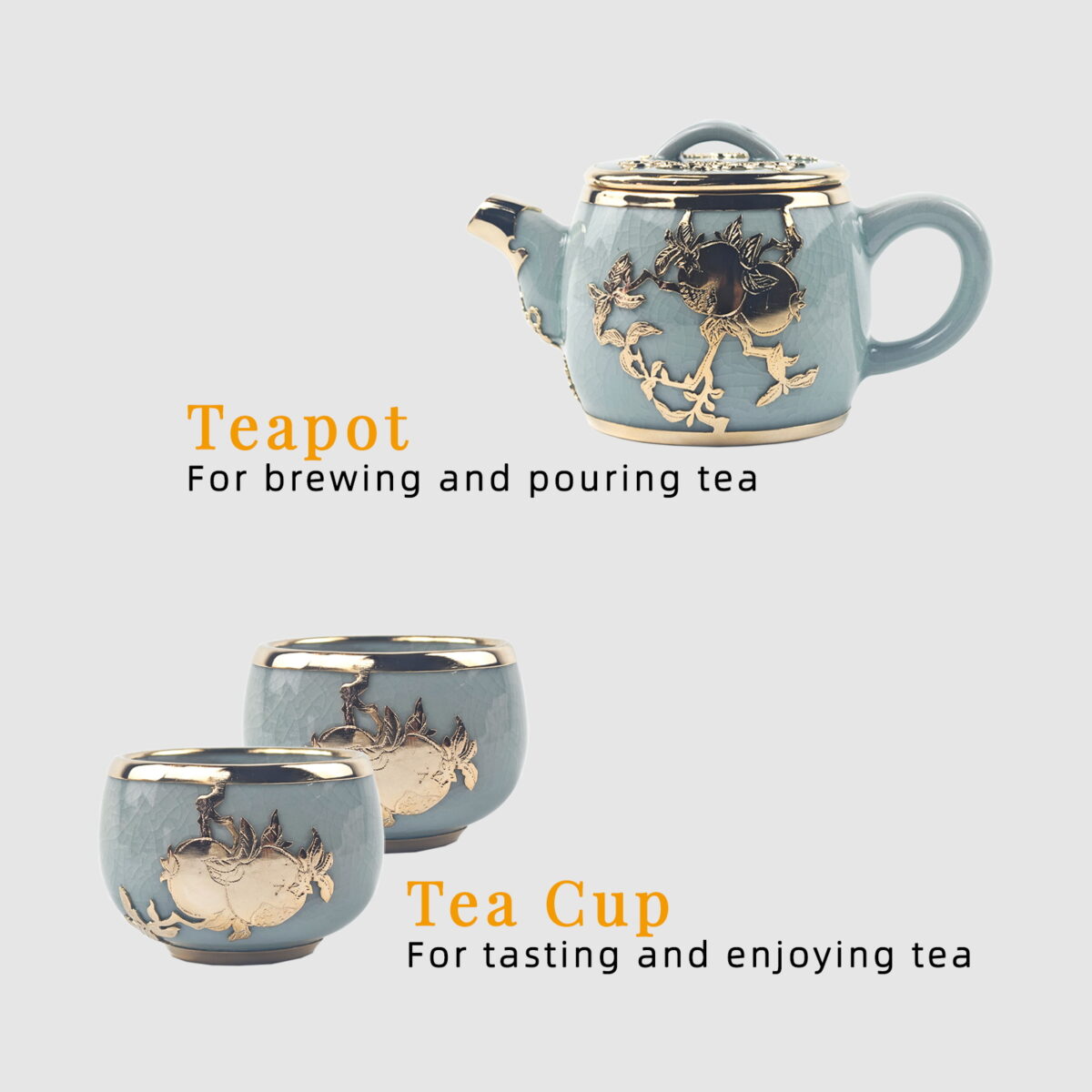 Gold-Inlaid Jade Style Ru Porcelain "A Blessed and Fruitful Family "Tea Set - Image 5