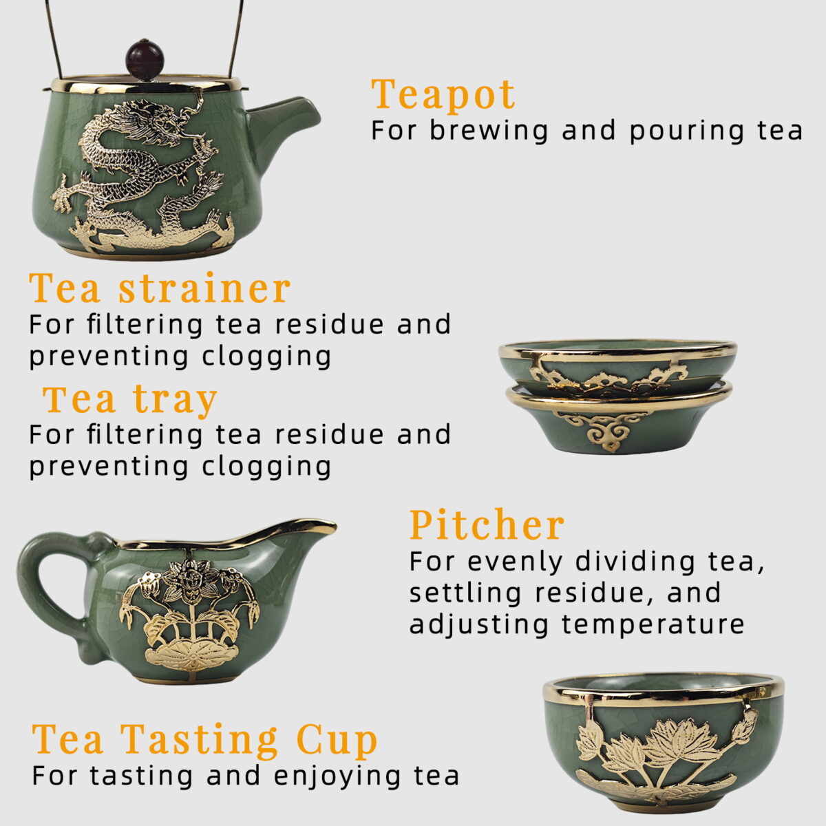 Gold-Inlaid Jade Style Ru Porcelain“Auspicious Dragon & Lotus Charm”Kung Fu Tea Set - Image 8
