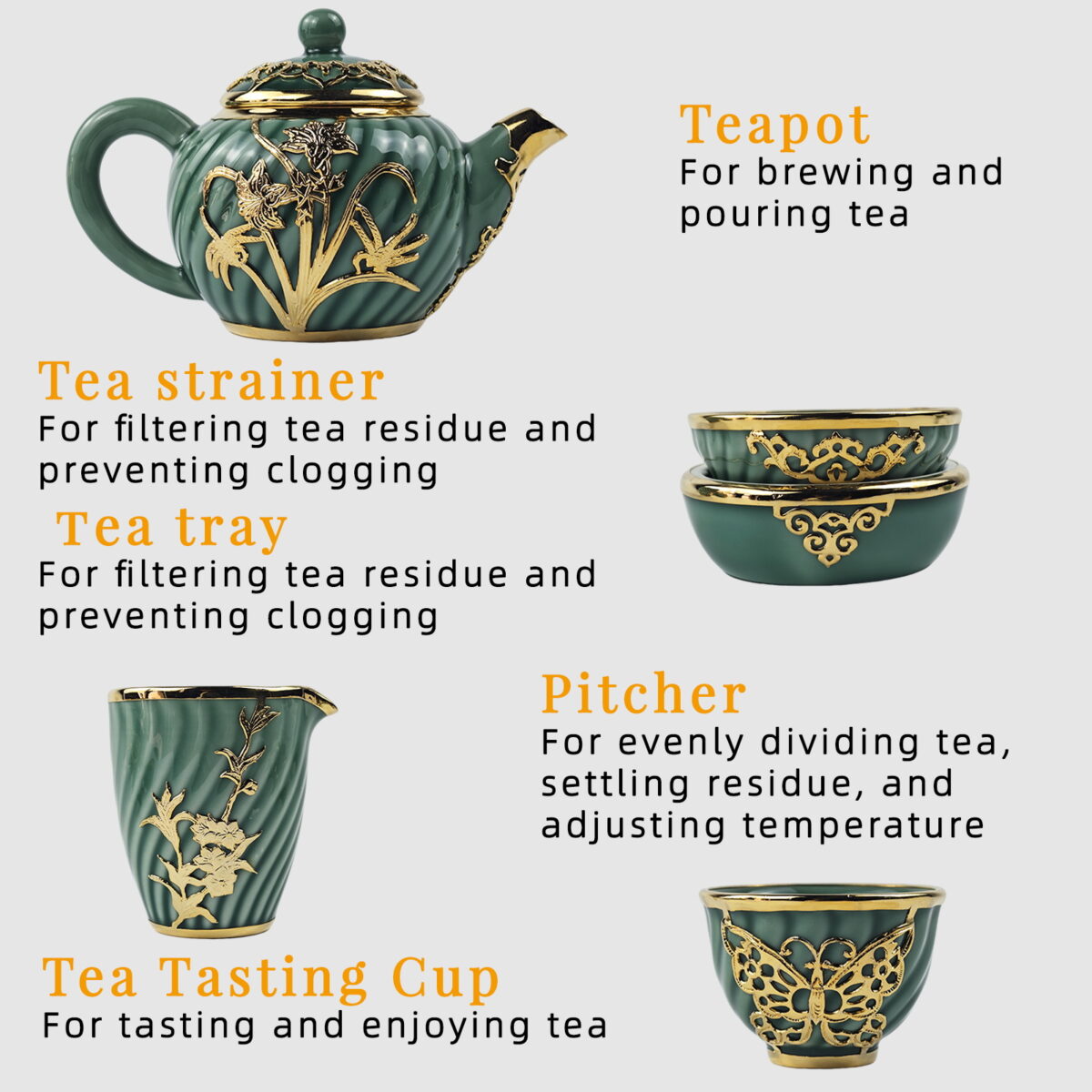 Gold-Inlaid Jade Style Celadon“Butterflies Loving Flowers”Kung Fu Tea Set - Image 6