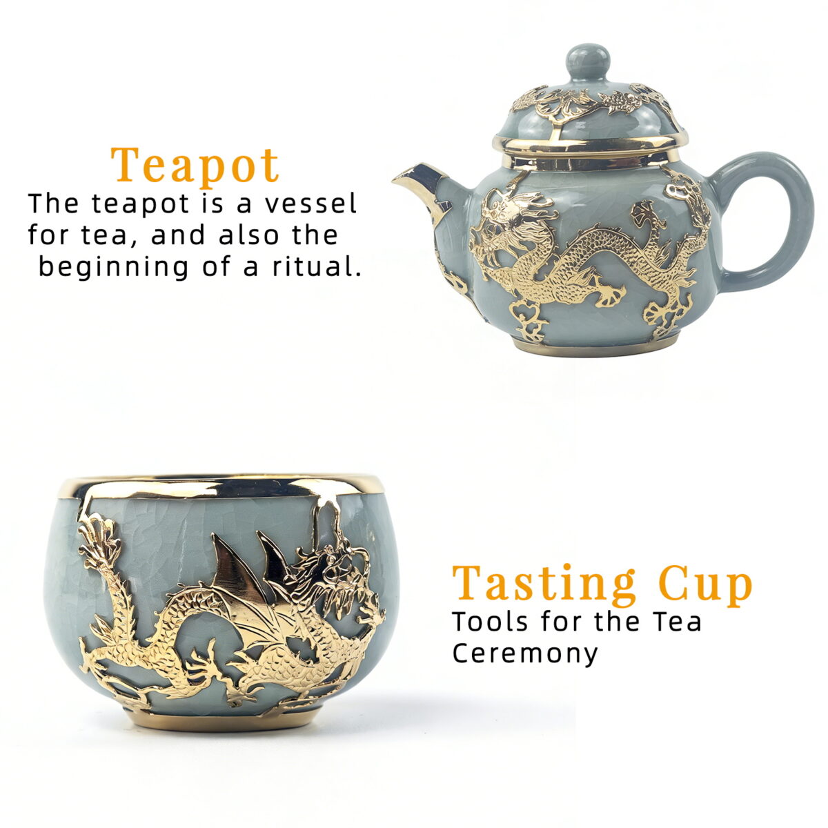 Gold-Inlaid Jade Style Ru Porcelain "Dragon Blesses Fortune & Blessing" Kung Fu Tea Set - Image 4