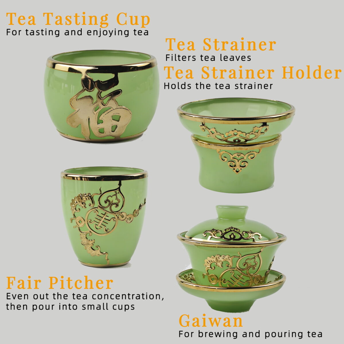 Gold-Inlaid Jade Style Liuli Glass "Complete Fu Lu Shou" Kung Fu Tea Set - Image 5
