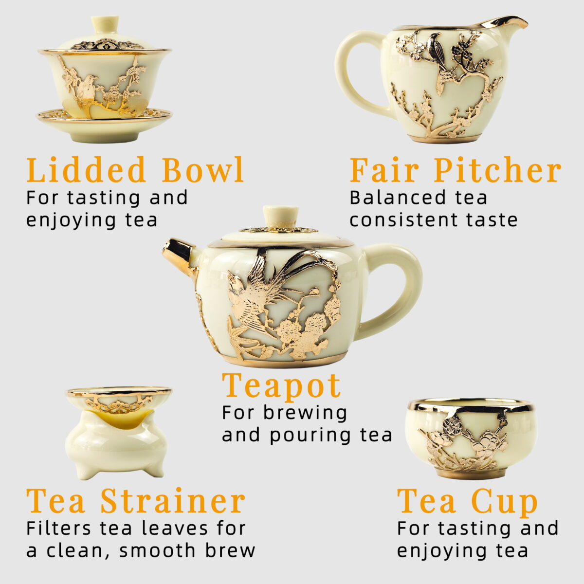 Gold-inlaid Jade Style Suet Jade Porcelain “Magpie & Plum Greeting Spring”Complete Kung Fu Tea Gift Set - Image 7