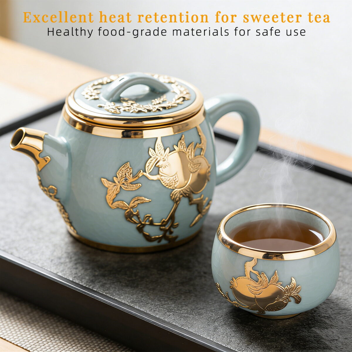 Gold-Inlaid Jade Style Ru Porcelain "A Blessed and Fruitful Family "Tea Set