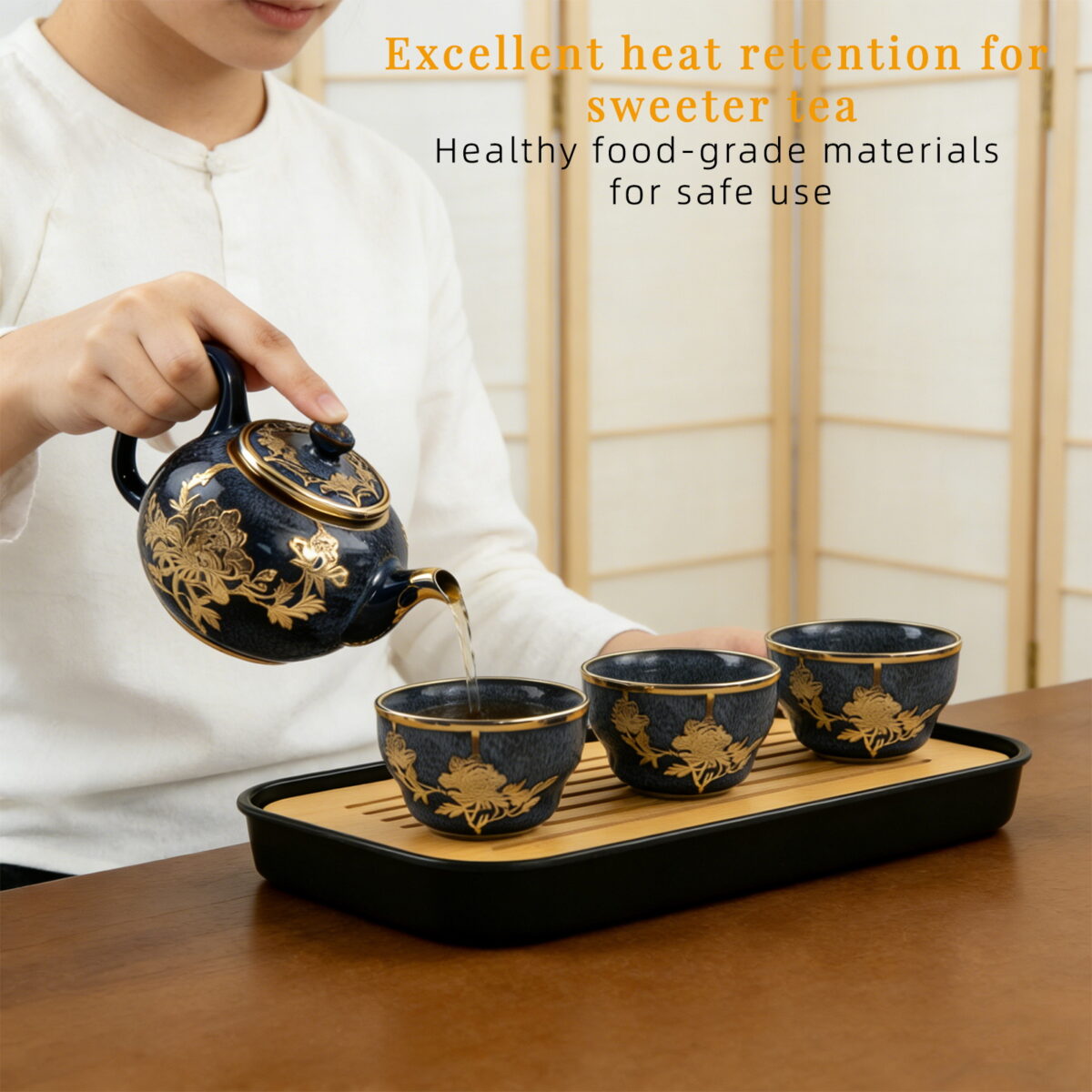 Gold-Inlaid Jade Style Jun Porcelain "National Beauty & Heavenly Fragrance" Tea Set - Image 4