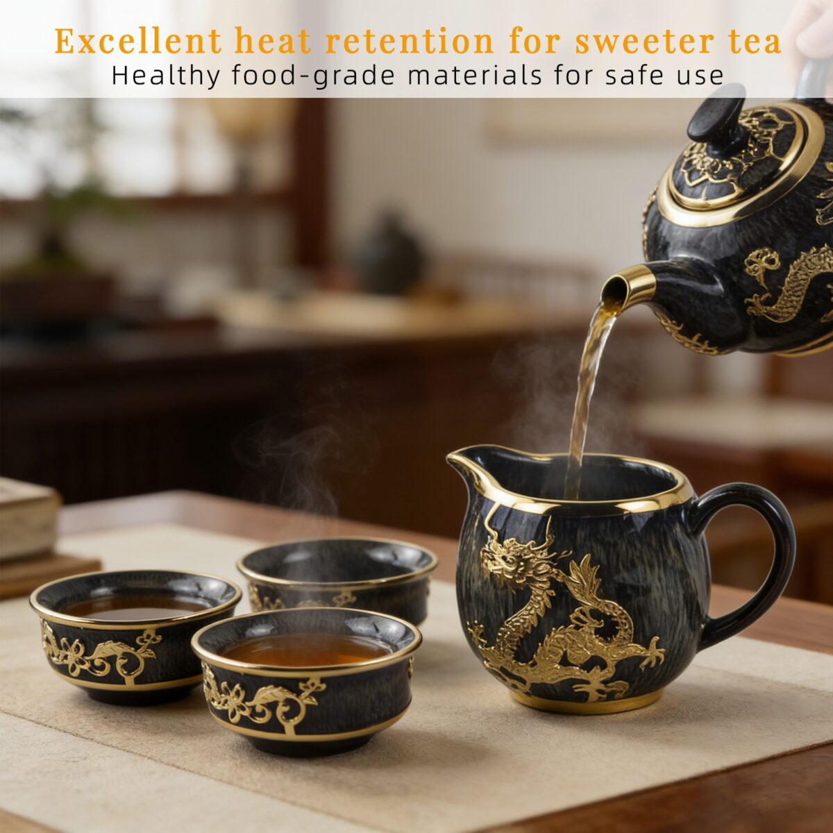 Gold-Inlaid Jade Style Jun Porcelain "Dragon Soaring for Prosperity" Kung Fu Tea Set - Image 2