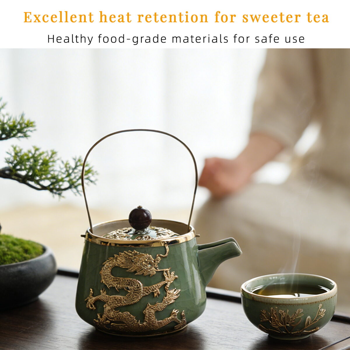Gold-Inlaid Jade Style Ru Porcelain“Auspicious Dragon & Lotus Charm”Kung Fu Tea Set - Image 4