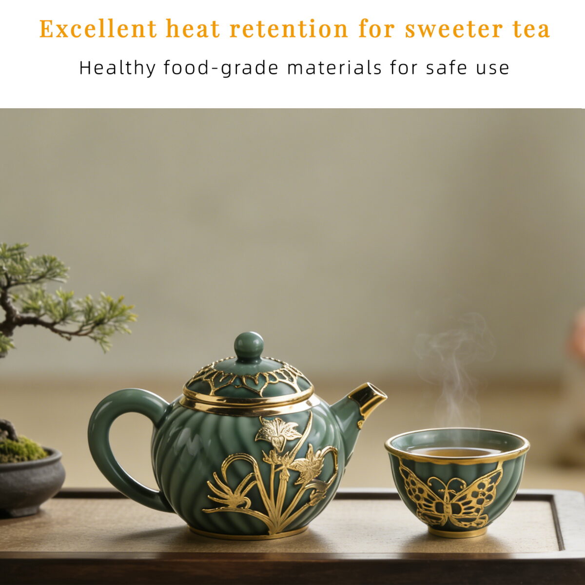 Gold-Inlaid Jade Style Celadon“Butterflies Loving Flowers”Kung Fu Tea Set - Image 4