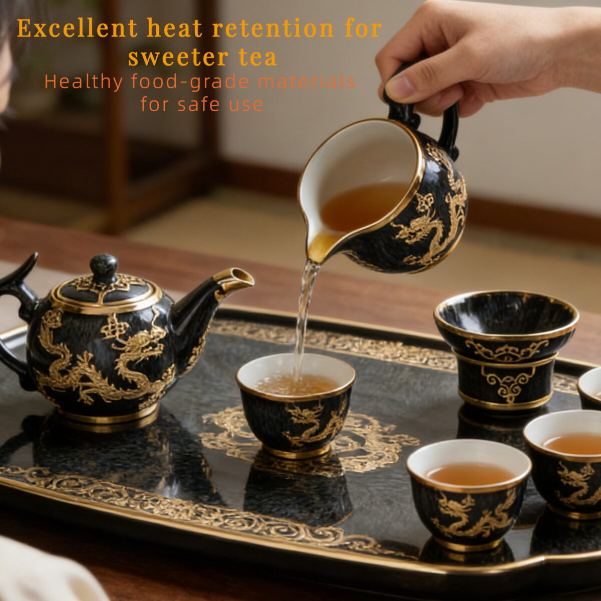 Gold-Inlaid Jade Style Jun Porcelain "Dragon Soaring Across the Four Seas" Kung Fu Tea Set - Image 5